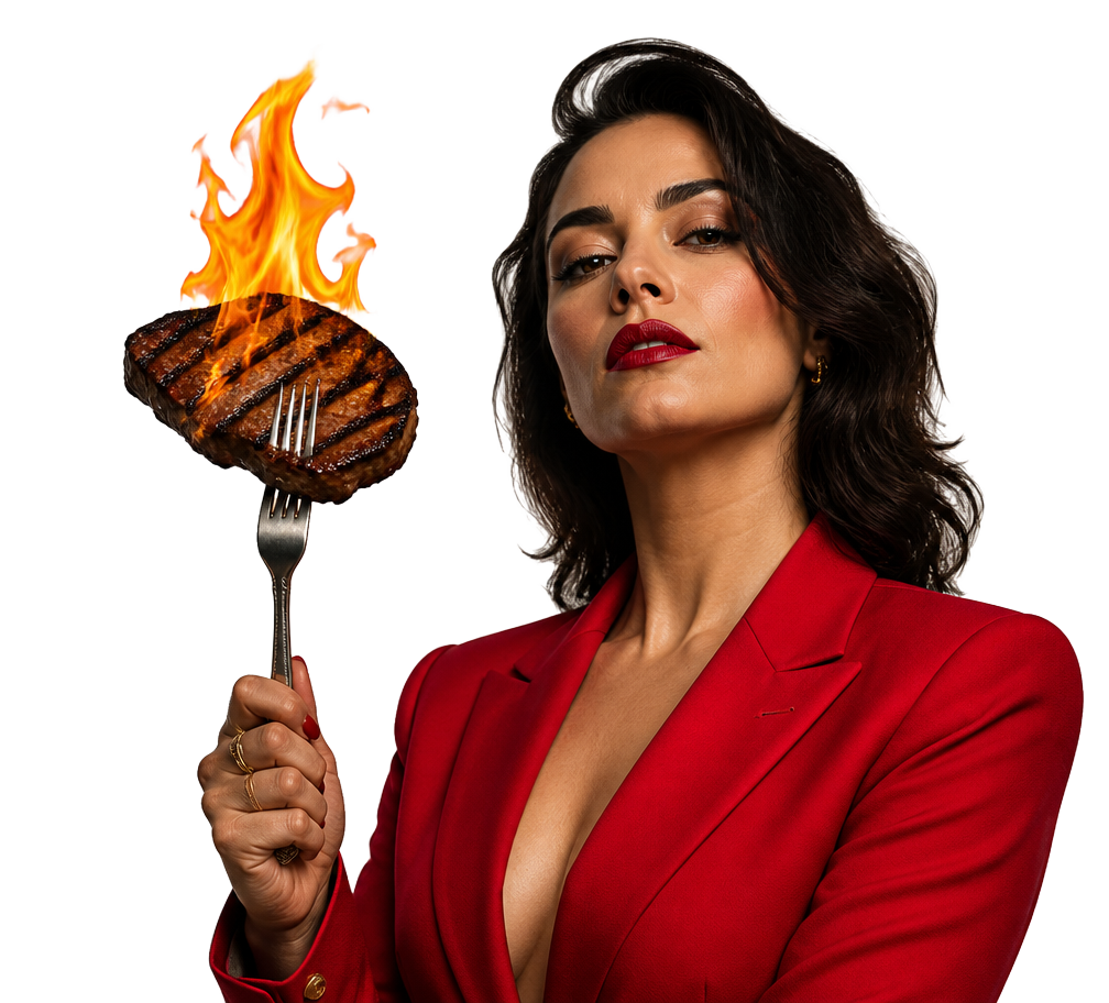 Carolann Valentino in a red blazer holding a flaming steak on a fork